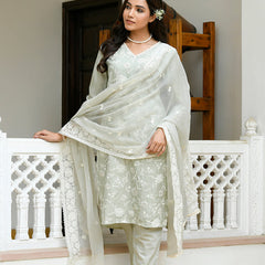 Women linen embroidered solid kurta set with solid pants & chiffon embroidered dupatta