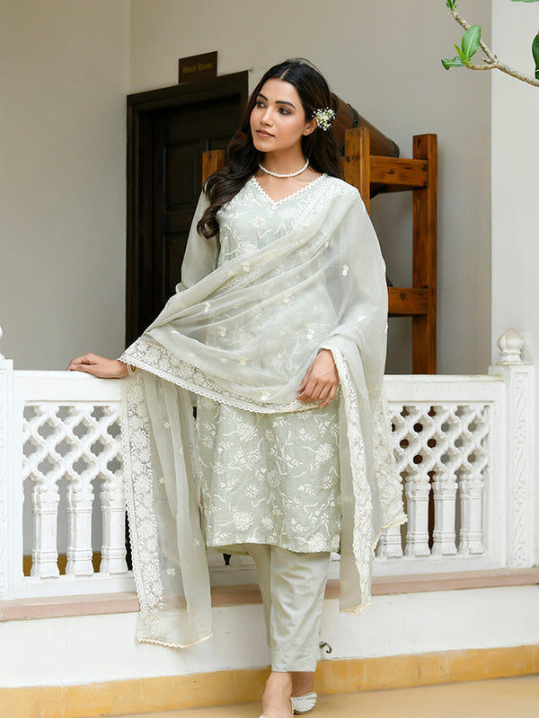 Women linen embroidered solid kurta set with solid pants & chiffon embroidered dupatta