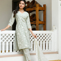Women linen embroidered solid kurta set with solid pants & chiffon embroidered dupatta