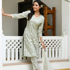 Women linen embroidered solid kurta set with solid pants & chiffon embroidered dupatta