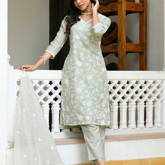 Women linen embroidered solid kurta set with solid pants & chiffon embroidered dupatta