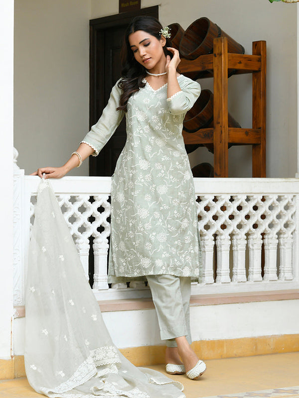 Women linen embroidered solid kurta set with solid pants & chiffon embroidered dupatta