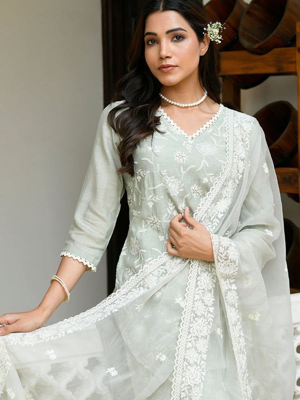 Women linen embroidered solid kurta set with solid pants & chiffon embroidered dupatta