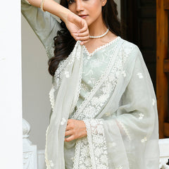 Women linen embroidered solid kurta set with solid pants & chiffon embroidered dupatta