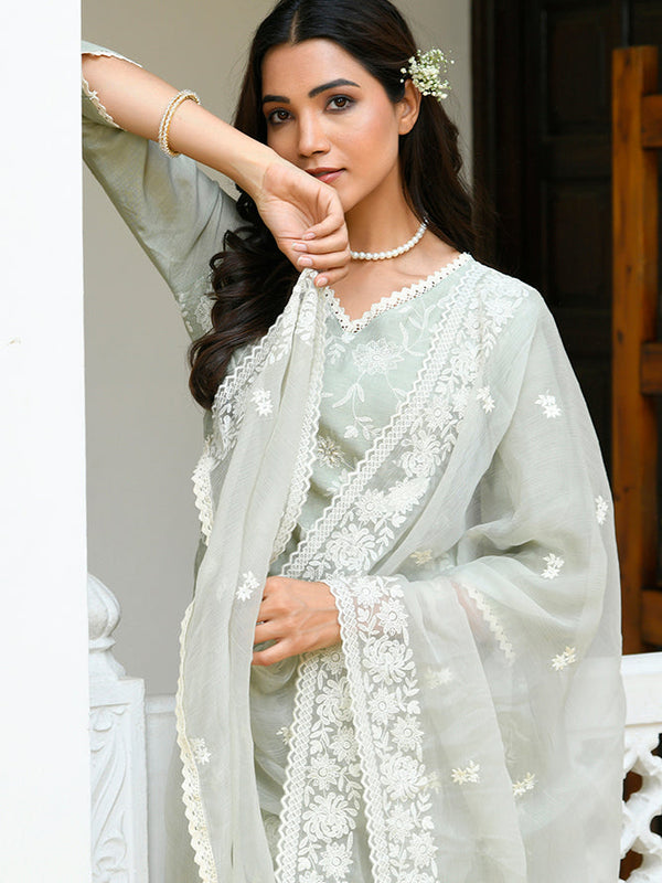 Women linen embroidered solid kurta set with solid pants & chiffon embroidered dupatta