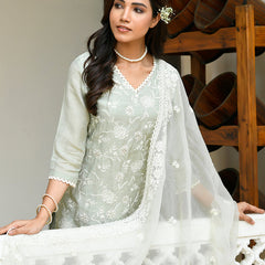 Women linen embroidered solid kurta set with solid pants & chiffon embroidered dupatta