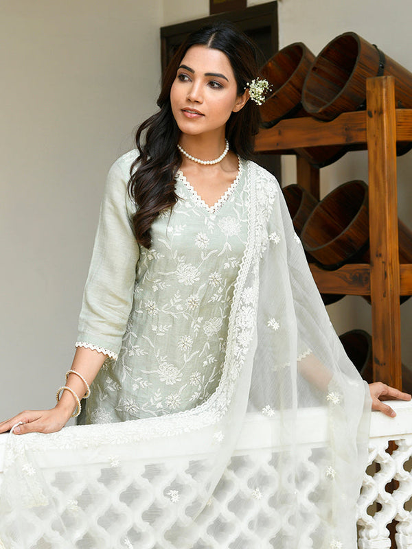 Women linen embroidered solid kurta set with solid pants & chiffon embroidered dupatta