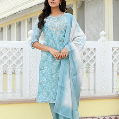 Women Tissue Linen Embroidered Solid Kurta Set With Solid Pants & Printed Dupatta