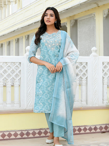 Women Tissue Linen Embroidered Solid Kurta Set With Solid Pants & Printed Dupatta