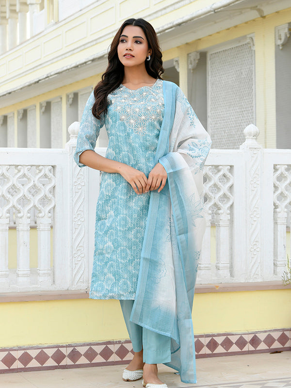 Women Tissue Linen Embroidered Solid Kurta Set With Solid Pants & Printed Dupatta
