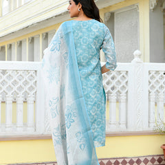 Women Tissue Linen Embroidered Solid Kurta Set With Solid Pants & Printed Dupatta