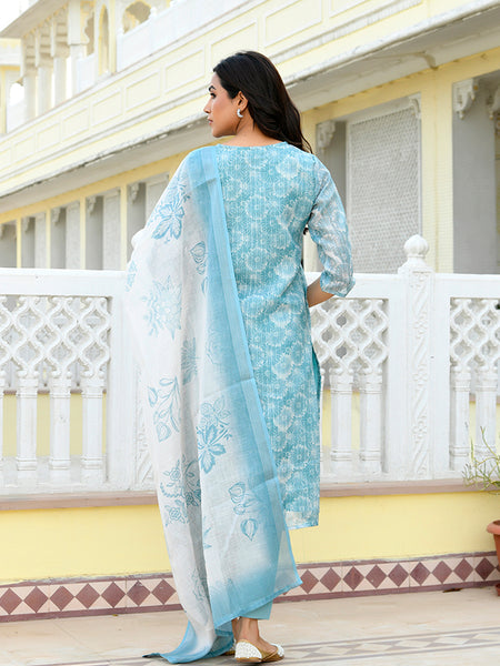 Women Tissue Linen Embroidered Solid Kurta Set With Solid Pants & Printed Dupatta