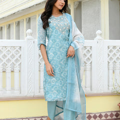 Women Tissue Linen Embroidered Solid Kurta Set With Solid Pants & Printed Dupatta