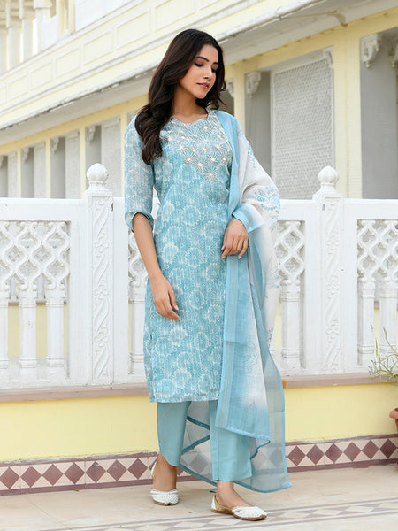 Women Tissue Linen Embroidered Solid Kurta Set With Solid Pants & Printed Dupatta