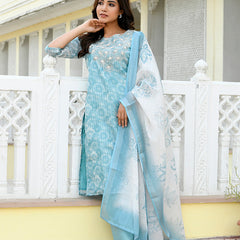Women Tissue Linen Embroidered Solid Kurta Set With Solid Pants & Printed Dupatta