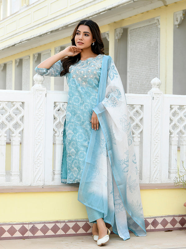 Women Tissue Linen Embroidered Solid Kurta Set With Solid Pants & Printed Dupatta