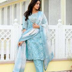 Women Tissue Linen Embroidered Solid Kurta Set With Solid Pants & Printed Dupatta