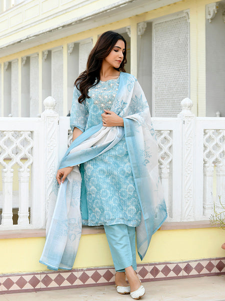 Women Tissue Linen Embroidered Solid Kurta Set With Solid Pants & Printed Dupatta