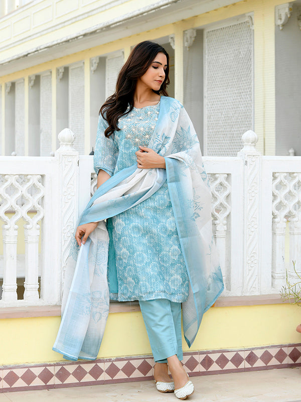 Women Tissue Linen Embroidered Solid Kurta Set With Solid Pants & Printed Dupatta