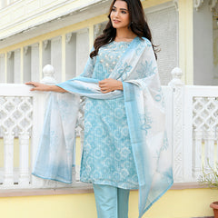 Women Tissue Linen Embroidered Solid Kurta Set With Solid Pants & Printed Dupatta