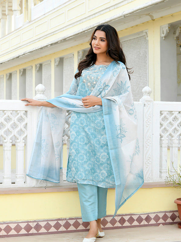 Women Tissue Linen Embroidered Solid Kurta Set With Solid Pants & Printed Dupatta