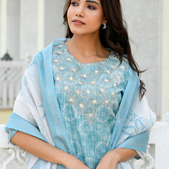 Women Tissue Linen Embroidered Solid Kurta Set With Solid Pants & Printed Dupatta