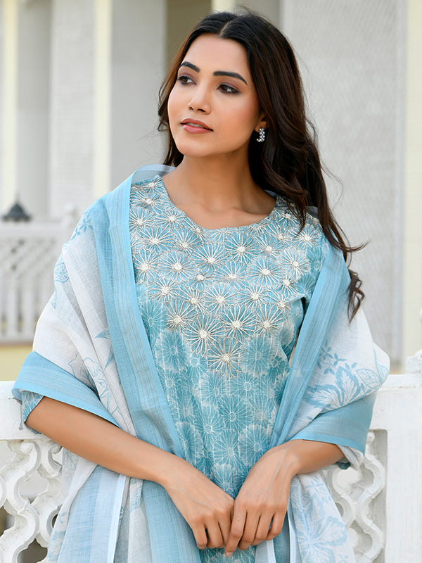 Women Tissue Linen Embroidered Solid Kurta Set With Solid Pants & Printed Dupatta