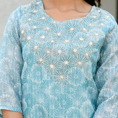 Women Tissue Linen Embroidered Solid Kurta Set With Solid Pants & Printed Dupatta