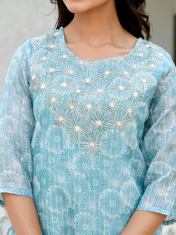 Women Tissue Linen Embroidered Solid Kurta Set With Solid Pants & Printed Dupatta