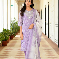 Women Tissue Linen Embroidered Solid Kurta Set With Solid Pants & Printed Dupatta