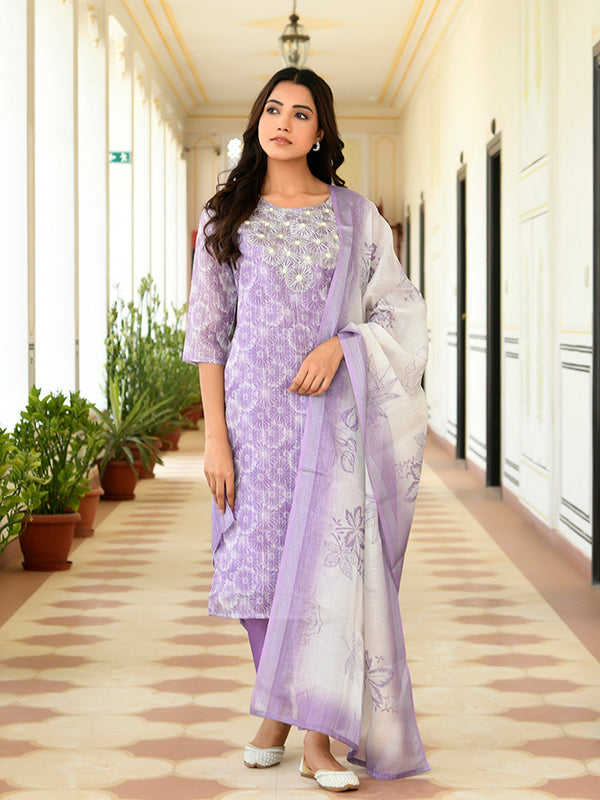 Women Tissue Linen Embroidered Solid Kurta Set With Solid Pants & Printed Dupatta