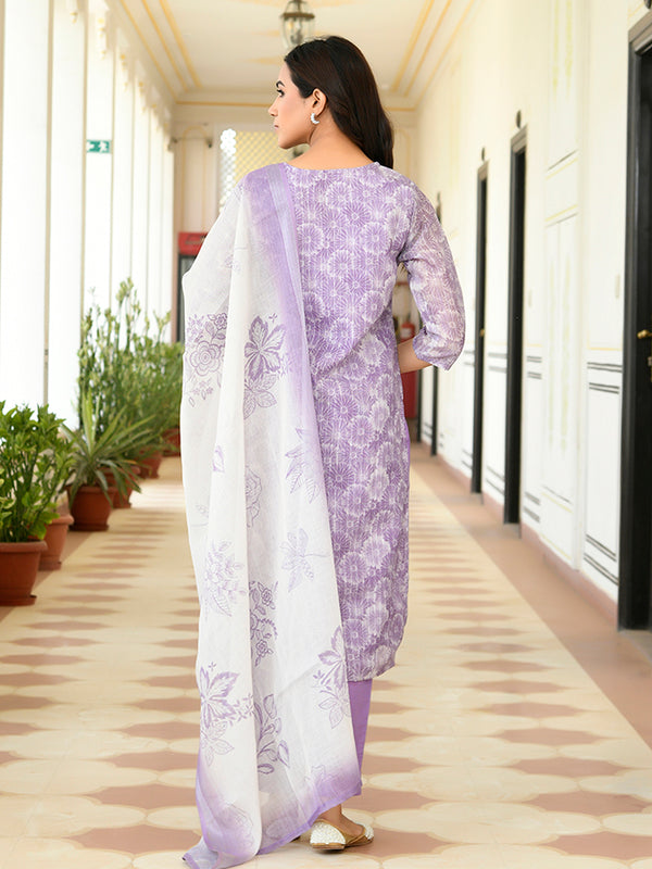 Women Tissue Linen Embroidered Solid Kurta Set With Solid Pants & Printed Dupatta