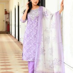 Women Tissue Linen Embroidered Solid Kurta Set With Solid Pants & Printed Dupatta