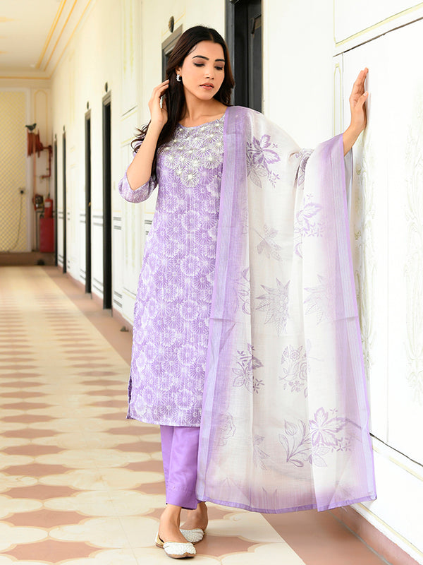 Women Tissue Linen Embroidered Solid Kurta Set With Solid Pants & Printed Dupatta