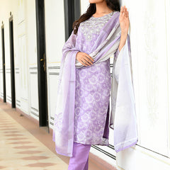 Women Tissue Linen Embroidered Solid Kurta Set With Solid Pants & Printed Dupatta