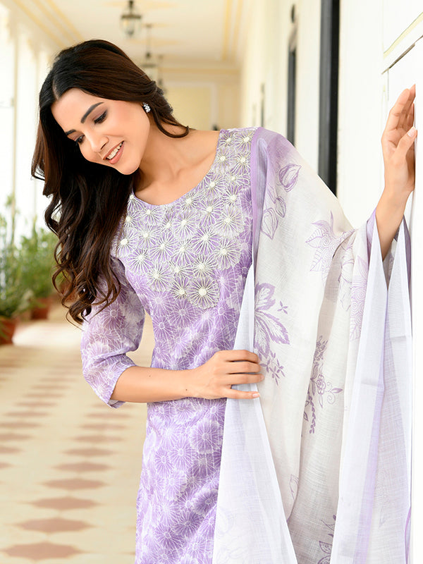 Women Tissue Linen Embroidered Solid Kurta Set With Solid Pants & Printed Dupatta