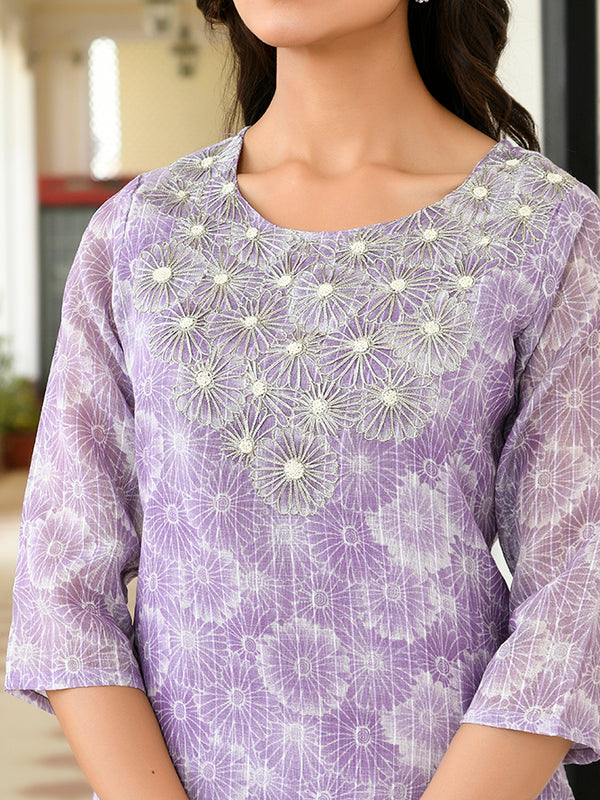 Women Tissue Linen Embroidered Solid Kurta Set With Solid Pants & Printed Dupatta