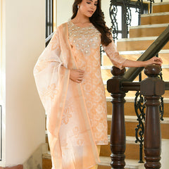 Women Tissue Linen Embroidered Solid Kurta Set With Solid Pants & Printed Dupatta