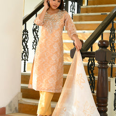 Women Tissue Linen Embroidered Solid Kurta Set With Solid Pants & Printed Dupatta