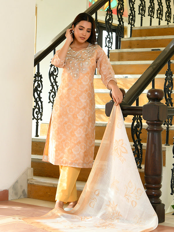 Women Tissue Linen Embroidered Solid Kurta Set With Solid Pants & Printed Dupatta