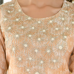 Women Tissue Linen Embroidered Solid Kurta Set With Solid Pants & Printed Dupatta