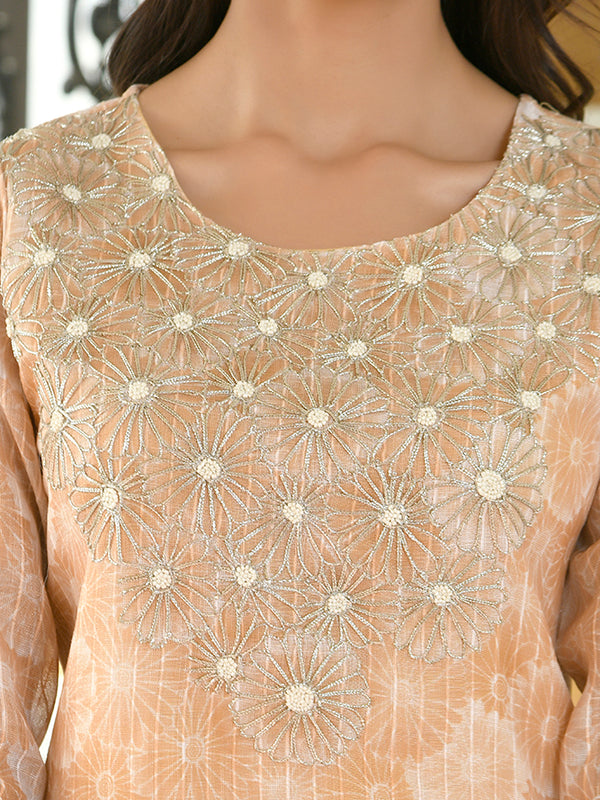Women Tissue Linen Embroidered Solid Kurta Set With Solid Pants & Printed Dupatta