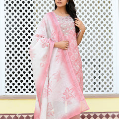Women Tissue Linen Embroidered Solid Kurta Set With Solid Pants & Printed Dupatta