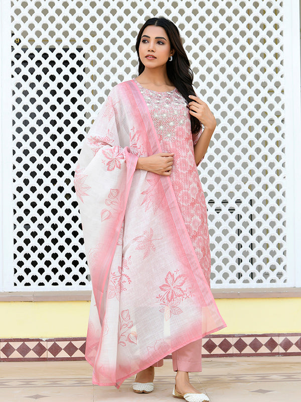 Women Tissue Linen Embroidered Solid Kurta Set With Solid Pants & Printed Dupatta
