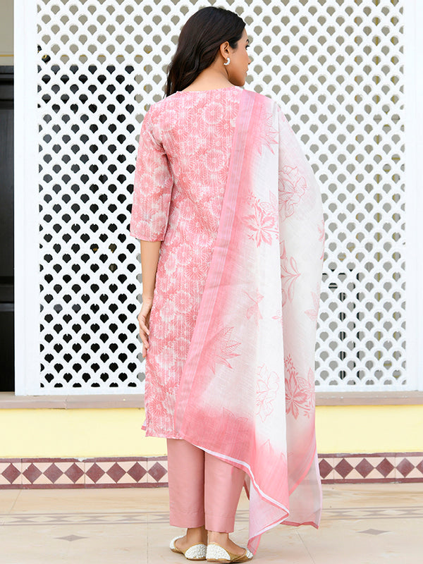 Women Tissue Linen Embroidered Solid Kurta Set With Solid Pants & Printed Dupatta