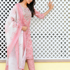 Women Tissue Linen Embroidered Solid Kurta Set With Solid Pants & Printed Dupatta