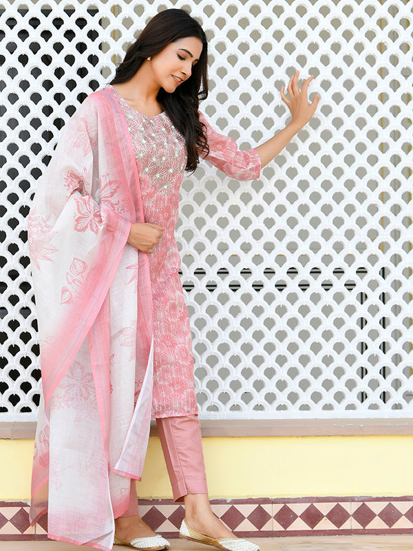 Women Tissue Linen Embroidered Solid Kurta Set With Solid Pants & Printed Dupatta