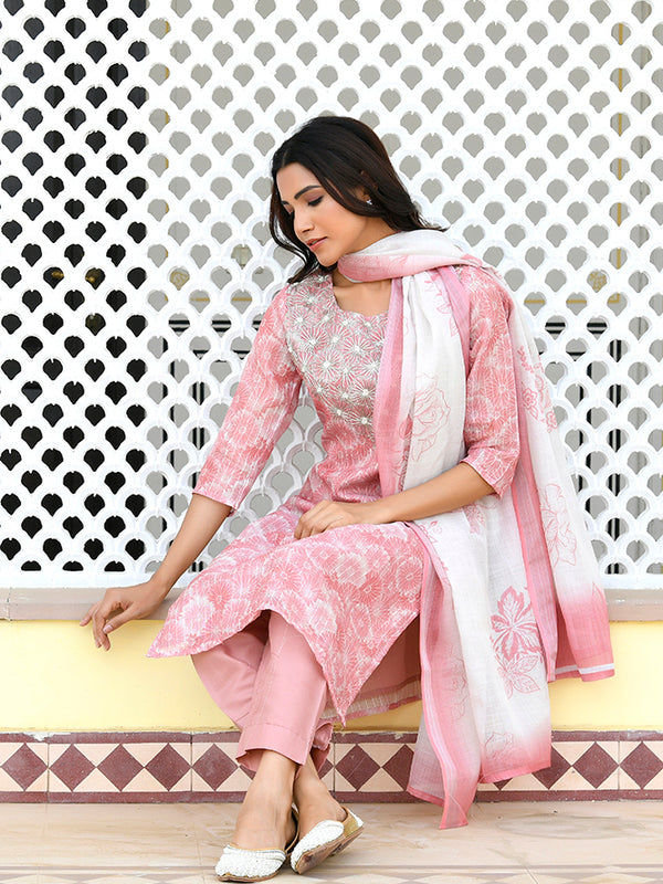 Women Tissue Linen Embroidered Solid Kurta Set With Solid Pants & Printed Dupatta