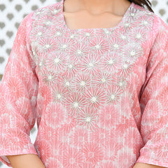 Women Tissue Linen Embroidered Solid Kurta Set With Solid Pants & Printed Dupatta
