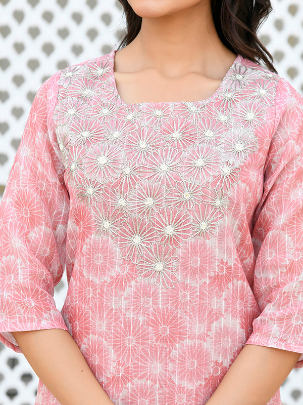 Women Tissue Linen Embroidered Solid Kurta Set With Solid Pants & Printed Dupatta